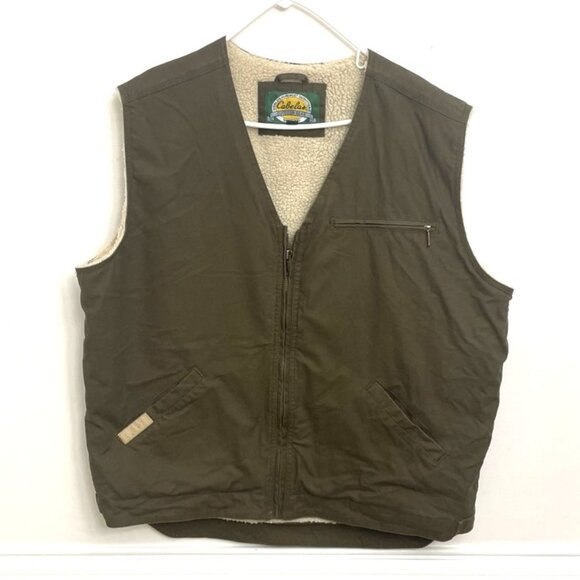 Cabela's Brown Canvas Vest Sherpa Lined Men's Sz XL Outdoorsman Neutral Cozy - Picture 1 of 8